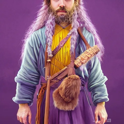 Prompt: A professional digital portrait painting of a hippie D&D druid, painted by Wes Anderson, painted by Hayao Miyazaki, dressed in light armor, 4k, digital art, trending on cgsociety, highly detailed, head and shoulders shot, shallow depth of field, purple and yellow lighting, professional lighting, airbrush,