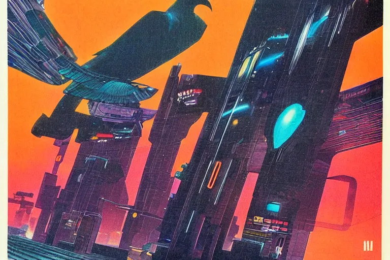 Image similar to 1979 OMNI Magazine Cover of a raven in neo-Tokyo in cyberpunk style by Vincent Di Fate