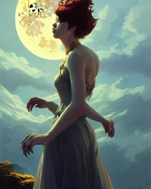 Prompt: a potrait of a fantasy moon dragon, fine details. night setting. realistic shaded lighting poster by ilya kuvshinov katsuhiro, artgerm, jeremy lipkin and michael garmash, unreal engine, radiant light, detailed and intricate environment