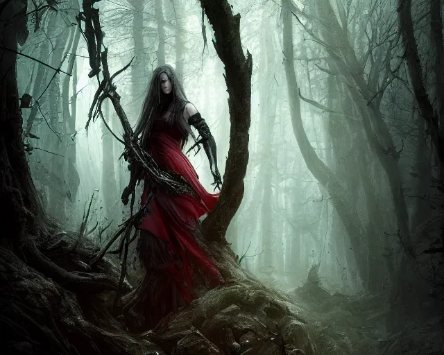 Image similar to 5 5 mm portrait photo of an demonic hunter with red eyes, looking at the camera, in a magical forest. magical atmosphere. art by greg rutkowski and luis royo. highly detailed 8 k. intricate. lifelike. soft light. nikon d 8 5 0.