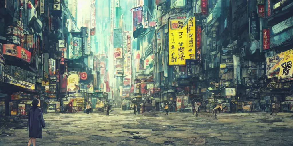 Image similar to incredible wide screenshot, ultrawide, simple watercolor, rough paper texture, ghost in the shell movie scene, backlit distant shot of girl in a parka running from a giant robot invasion side view, yellow parasol in deserted dusty shinjuku junk town, broken vending machines