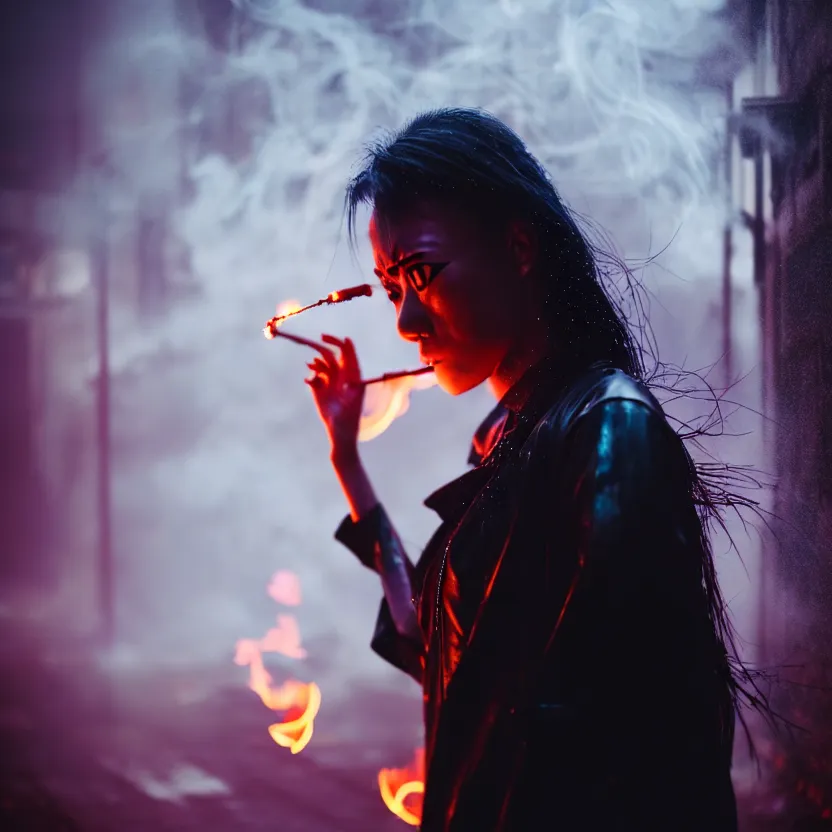 Image similar to a photo close up cyberpunk woman, fire dance in cyberpunk dirty alley, smoke mist rain, cyberpunk gunma prefecture, midnight, photorealistic, cinematic color, studio lighting, highly detailed, bokeh, style by tomino - sama