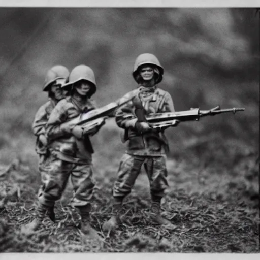 Prompt: photo of tiny soldiers during a war, 35mm
