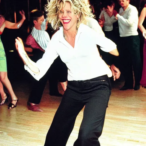 Prompt: Meg Ryan dancing a salsa routine at the club