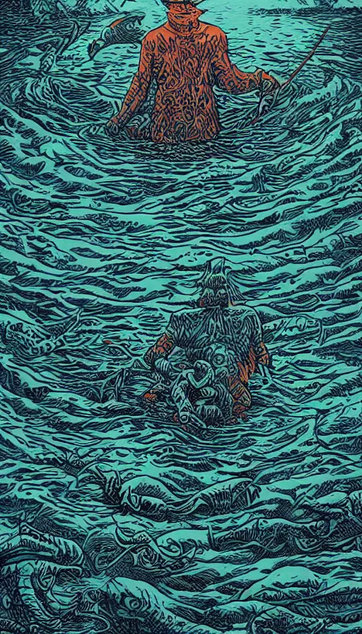 Prompt: man on boat crossing a body of water in hell with creatures in the water, sea of souls, by dan mumford,