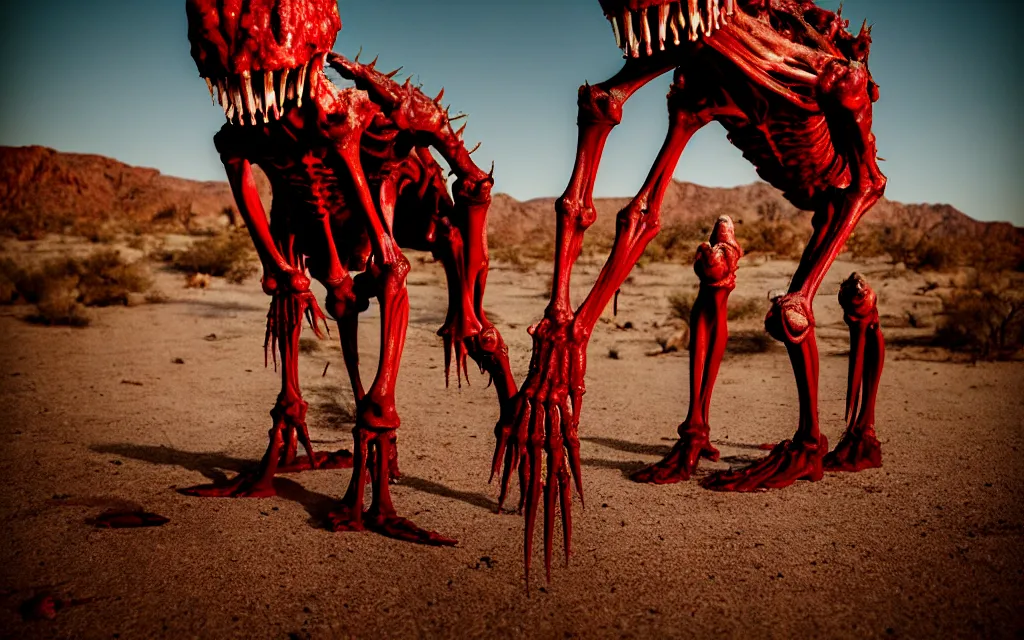 Image similar to in the desert a bloody gross horrifying The Thing creature made of muscle and bone and blood stares at the camera, eating, it walks on two legs, mid day, 35mm photography, realistic,