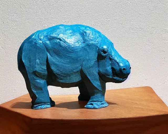 Image similar to a sculpture of hippo baby, half wood carved half blue translucid resin epoxy, cubic blocks, side view centered, mixmedia