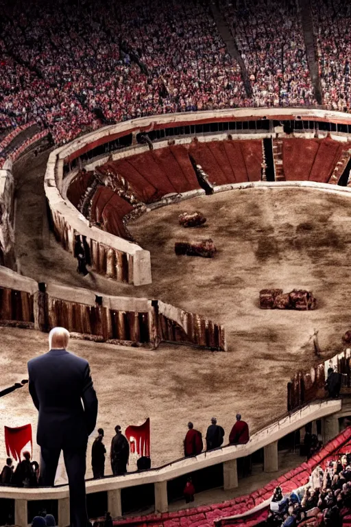 Image similar to putin vs joe biden inside a gladiator arena, 4 k, high res, movie still