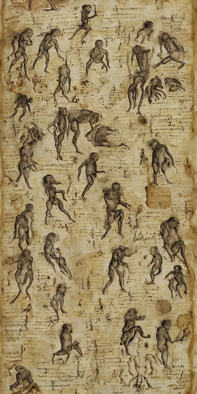 Prompt: an open page of the voynich manuscript, depicting a digital painting of human evolution by da vinci, paper texture, extremely detailed, professional, hand written notes, epic, full colors