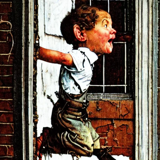 Image similar to close up portrait of dwarf jumping from window by norman rockwell, illustration, 5 0 mm lens,