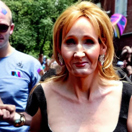 Image similar to JK Rowling starting terrified at a Pride Parade