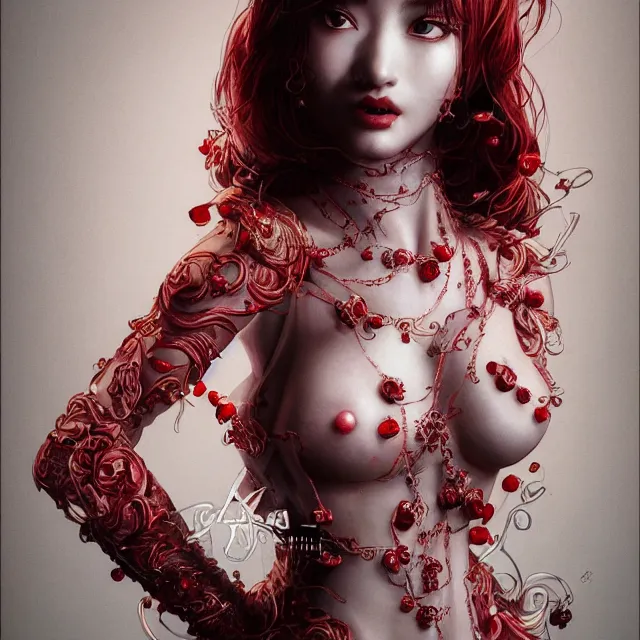 Image similar to studio portrait of absurdly beautiful, elegant, young gravure idol made of rubies and red gems, ultrafine hyperrealistic detailed face illustration by kim jung gi, irakli nadar, intricate linework, sharp focus, bright colors, matte, octopath traveler, final fantasy, unreal engine highly rendered, global illumination, radiant light, intricate environment