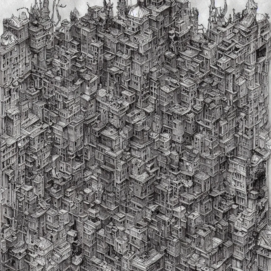 Prompt: city of feeble eldritch beings, Mattias Adolfsson!!!, isometric, greeble, Piranesi, modern European ink painting, storybook illustration, watercolor, dystopian, surrealism,