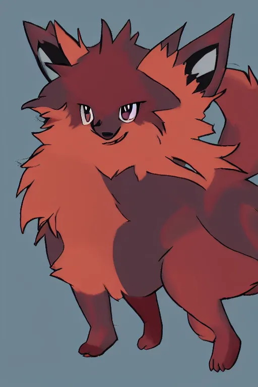 Image similar to zorua pokemon, stylised fox - like appearance, black and auburn colour pallet, thick furry neck and chest fluff, stylised 🖌 - like hair, pokemon concept art with multiple angles, super detailed, clean lines, digital art