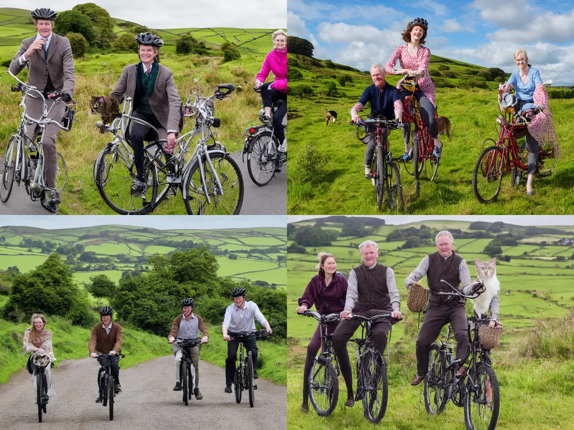 Prompt: A very high quality vivid photograph of a noble Irish lord and a noble Irish lady riding bicycles through the Irish countryside. Their pet cat also of Nobility rides in a basket attached to the front of one of their bicycles. The cat is very happy and well groomed.