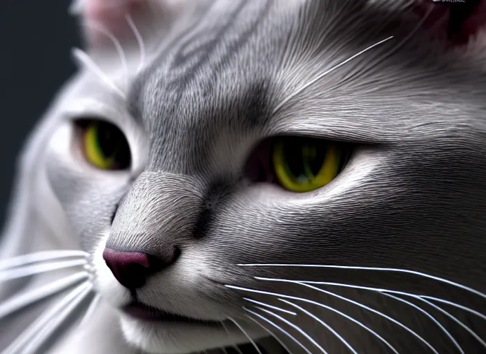 Image similar to hyperrealism, detailed textures, photorealistic 3 d render, a beautiful grey coloured cat with medium hair length, one million lave rivers, sharp focus, ultra realistic, ultra high pixel detail, cinematic, intricate, cinematic light, concept art, illustration, art station, unreal engine 8 k