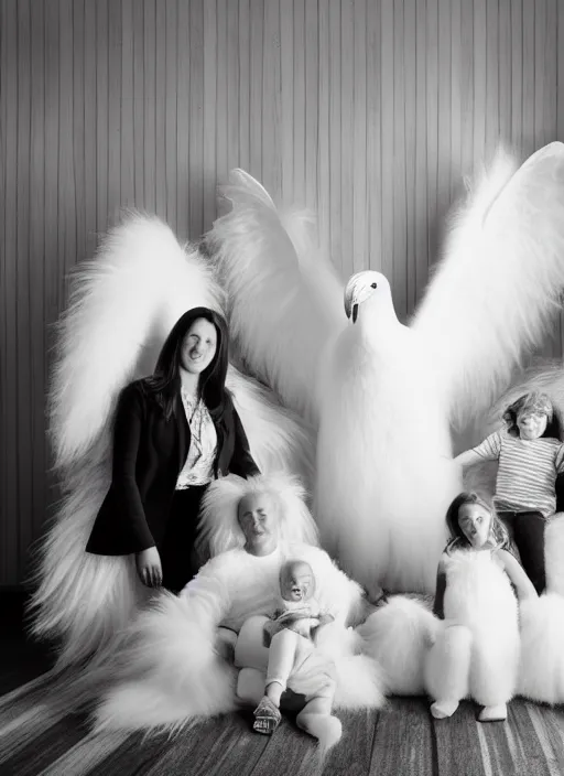 Prompt: realistic documentary photo of the family morphing into a big white fluffy hairy bird, in the wooden and fancy expensive wooden room interior, neutral colors, x - ray aura monochrome