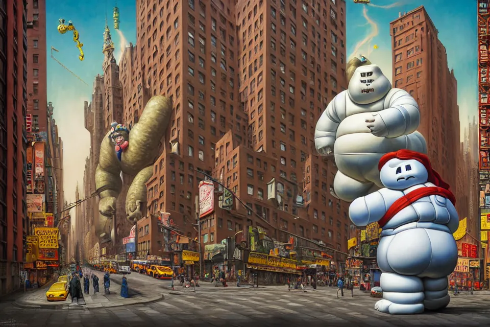 Prompt: hyper detailed 3d render like a Oil painting - the stay-puft marshmellow man facing off against king kong on the streets of new york, by Jacek Yerka, Mariusz Lewandowski, Houdini algorithmic generative render, Abstract brush strokes, Masterpiece, Edward Hopper and James Gilleard, Zdzislaw Beksinski, Mark Ryden, Wolfgang Lettl, hints of Yayoi Kasuma, octane render, 8k