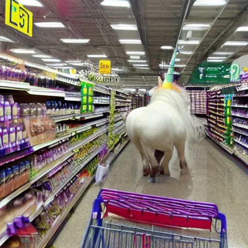 Prompt: a unicorn rampaging through a supermarket