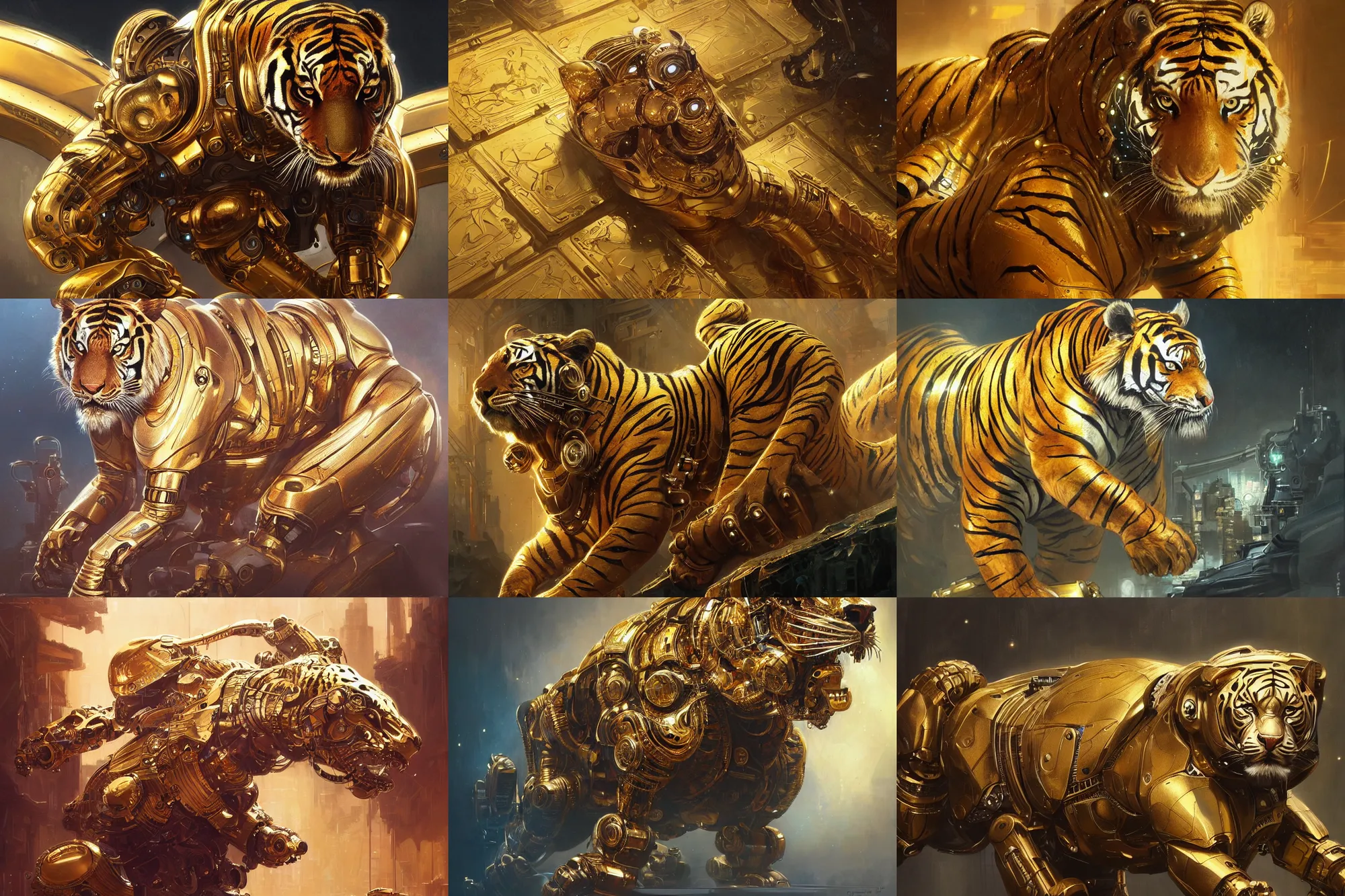 Prompt: Ultra realistic, gold robot with a tiger next to it, cyberpunk, sci-fi, fantasy, intricate, elegant, highly detailed, digital painting, artstation, concept art, smooth, sharp focus, illustration, art by artgerm and greg rutkowski and alphonse mucha