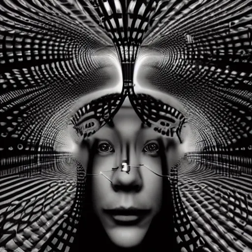 Image similar to lost in the mind of a quantum god head machine surrealism anamorphic illusion