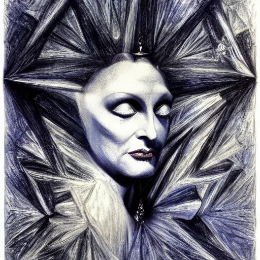 Prompt: Norma Desmond, pencil drawing. El Greco, Remedios Varo, Salvador Dali, Carl Gustav Carus, John Atkinson Grimshaw. Blue tint. Symetrical, logo, geometric shapes.