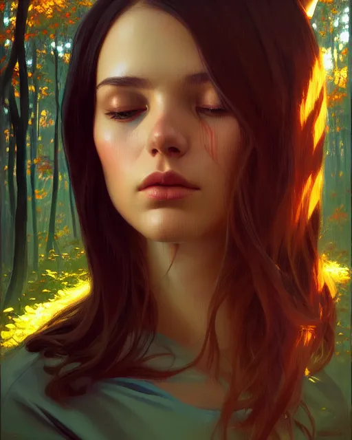 Image similar to stylized portrait of an artistic pose, composition, young lady sorrounded by fall nature, dense forest, moody cinematic colors one single head, realistic shaded, fine details, realistic shaded lighting poster by ilya kuvshinov, magali villeneuve, artgerm, jeremy lipkin and michael garmash and rob rey