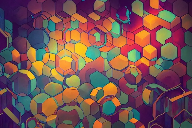 Prompt: abstract colorful painting of hexagons, intricate, highly detailed, digital painting, hq, trending on artstation, illustration, style of stanley artgerm and greg rutkowski and dan mumford