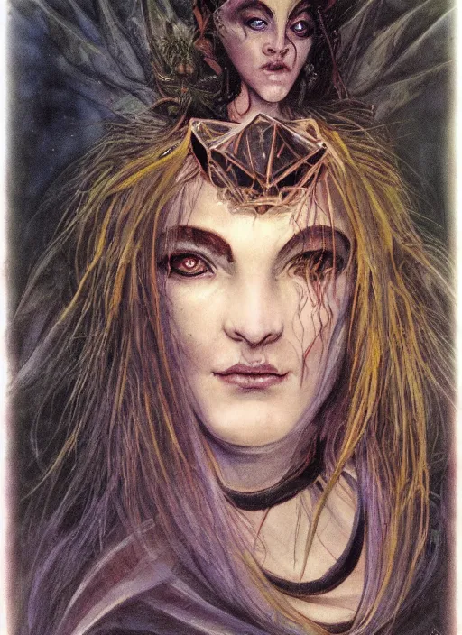 Prompt: portrait of young female sorceress of the endtimes, beautiful! coherent! dungeons and dragons character, by brian froud, strong line, cool night color, high contrast