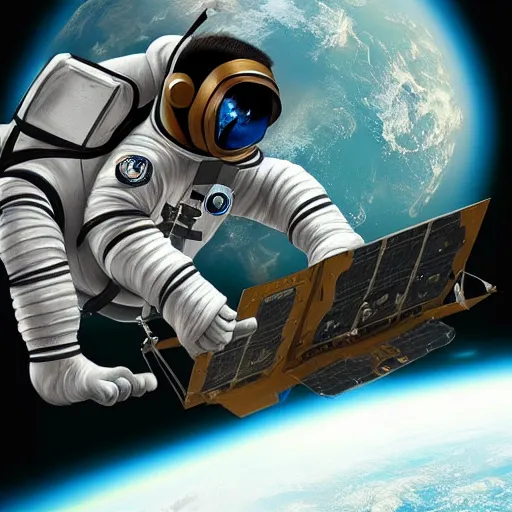 Prompt: a monkey astronaut repairing a satellite in space, hyperrealistic, cinematic, artstation