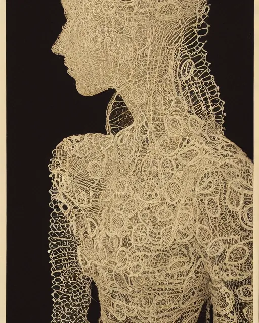 Image similar to a woman's face in profile, made of intricate decorative lace leaf skeleton, in the style of the dutch masters and gregory crewdson, dark and moody