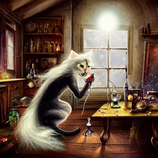 Image similar to a full body beautifull witch with white hair in an old room. A cristal ball on a wood table with a potions and old instruments. A cat on the floor licking his paw. in a fantasy style paiting
