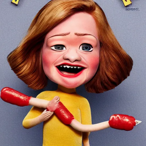 Image similar to hyperrealistic emma stone caricature surrounded by long fat frankfurter sausages by bob byerley and aardman animation, mascot, target reticles