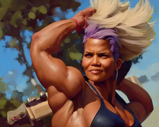 Image similar to greg manchess portrait painting of smug halle berry as beautiful thick female bodybuilder zarya from overwatch, medium shot, asymmetrical, profile picture, organic painting, sunny day, matte painting, bold shapes, hard edges, street art, trending on artstation, by huang guangjian and gil elvgren and sachin teng