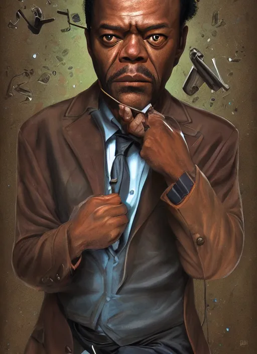 Image similar to hilarious but serious Jules Winnfield played by Samuel L. Jackson from the movie Pulp Fiction, Funny cartoonish by Gediminas Pranckevicius and mort drucker Tomasz Alen Kopera, masterpiece, trending on artstation, 8k,