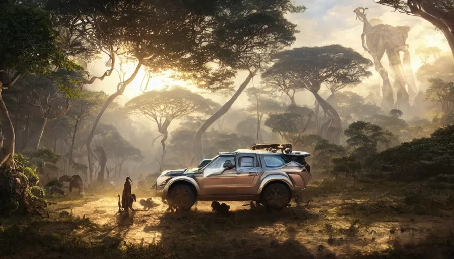 Image similar to an suv designed by ford driving through madagascar road with baobabs trees, animals running along, artgerm and greg rutkowski and alphonse mucha, an epic fantasy, volumetric light, detailed, establishing shot, an epic fantasy, trending on art station, octane render, midsommar