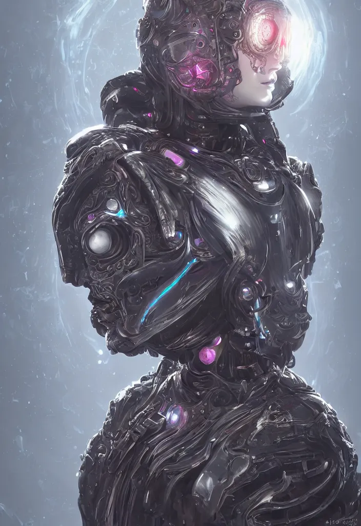 Prompt: a fancy portrait of a female android necromancer, aura of light, friendly, bloodborne style, artificial intelligence, scifi, futuristic, highly detailed, trending on artstation, advanced technology, art by vitaly bulgarov and nivanh chanthara and lance wilkinson