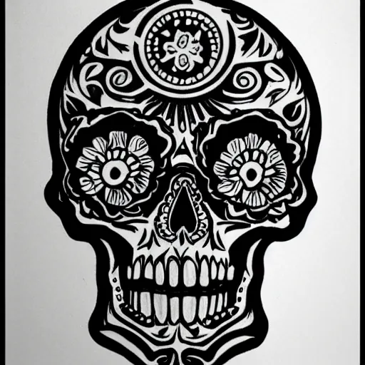 Image similar to skull outline tattoo design, black ink on white paper