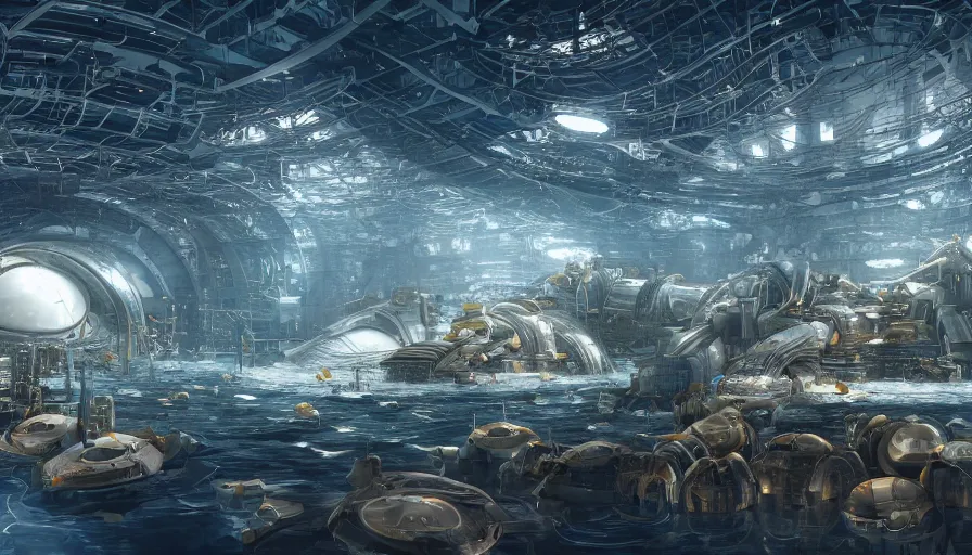 Prompt: underwater crowded cloning facility build under metallic dome, machines, technologies, machines, experience, giant building, hyperdetailed, artstation, cgsociety, 8 k