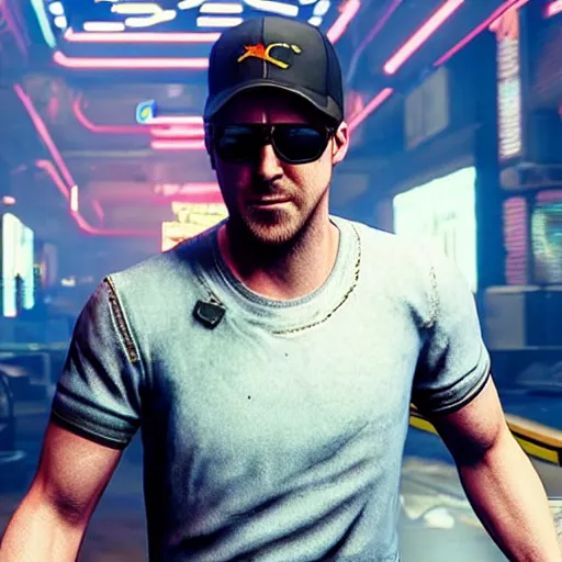 Image similar to ryan gosling in the game cyberpunk 2 0 7 7 as a getaway driver