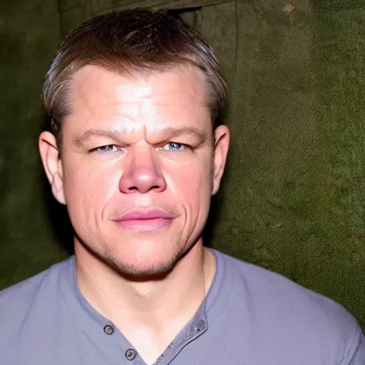 Prompt: HUH?? My dad look like Matt Damon, hand held picture, the camera flash is so bright in his face, viral photo