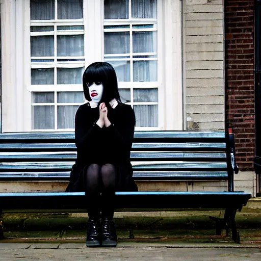 Image similar to an emo goth girl sitting on a bench in front of a British house on a freezing cold day, 2006, black hair