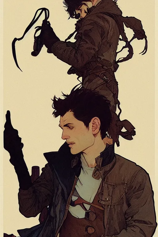 Prompt: poster artwork, man, stubble beard, brown messy hair!, brown eyes, pale skin, black gloves!! and boots, white shirt! denim jeans! dark coat, details, sharp focus, illustration, by jordan grimmer and alphonse mucha and greg rutkowski and pine ( ハイネ ) and 薯 子 imoko and 香