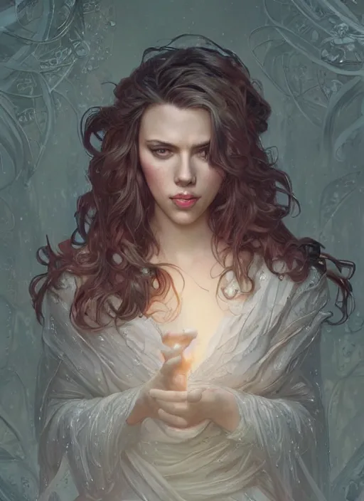 Image similar to Scarlett Johansson, fantasy, intricate, elegant, highly detailed, digital painting, artstation, concept art, smooth, sharp focus, illustration, art by artgerm and greg rutkowski and alphonse mucha