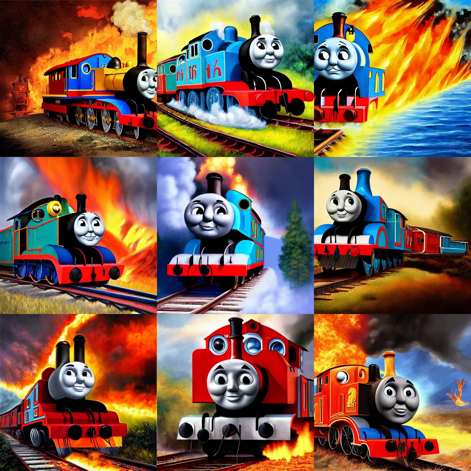 Prompt: Thomas the train of fire, realistic painting, high definition, digital art, matte painting, very detailed, realistic