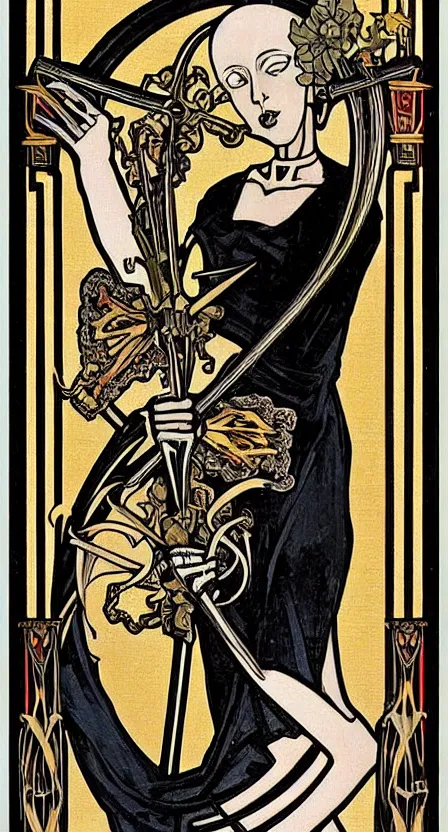 Image similar to a tarot card of a skeleton with a scythe, illustrated in an art deco style by tamara de lempika and an elegant border by alphonse mucha.