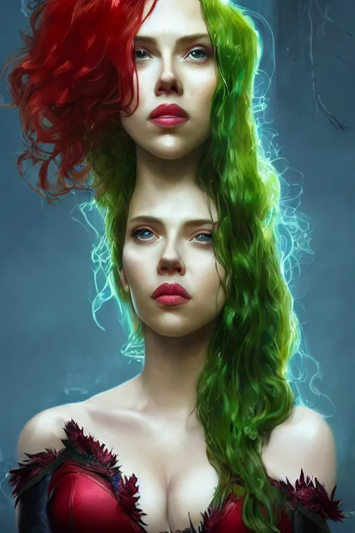 Image similar to a fancy portrait of Scarlett Johansson as poison ivy by Greg Rutkowski, Sung Choi, Mitchell Mohrhauser, Maciej Kuciara, Johnson Ting, Maxim Verehin, Peter Konig, final fantasy , mythical, 8k photorealistic, cinematic lighting, HD, high details, atmospheric,