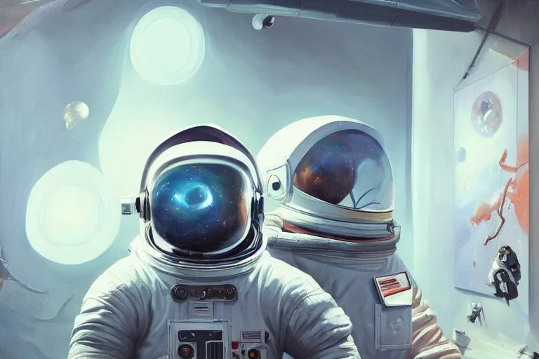 Prompt: an astronaut in an art gallery in space, surrealism, art gallery full of paintings, expressive oil painting, by greg rutkowski, by james gilleard, digital, trending on artstation, octane render, highly detailed