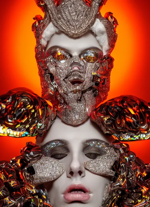 Image similar to photo of baroque and bladerunner delicate neon diamond sculpture of ceramic albino king adrien sahores seductive delicious lip licking, creamy orange iridescent humanoid deity wearing white fluffy hoody holding diamond skull in a black metallic dungeon, reclining, glowing rainbow face, crown of white diamonds, cinematic lighting, photorealistic, octane render 8 k depth of field 3 d