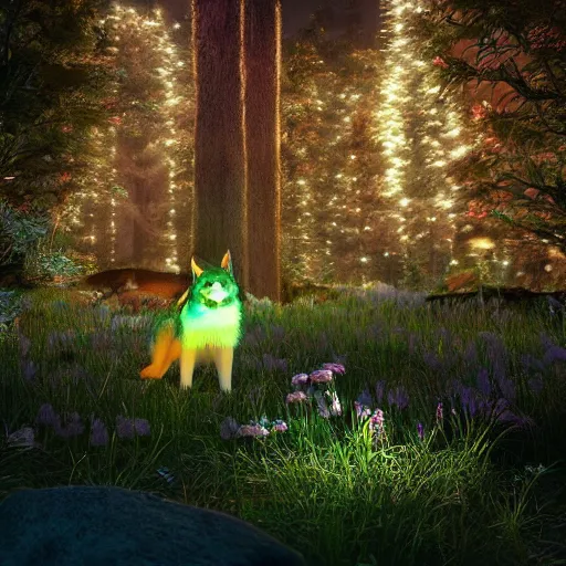 Image similar to flower alaskan malamute playing in a bioluminescent forest at dusk, octane render, unreal engine, colorful, beautiful